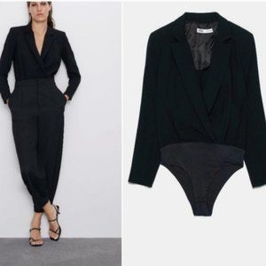 NWT ZARA BLACK V NECK LAPED COLLAR TUXEDO BODYSUIT